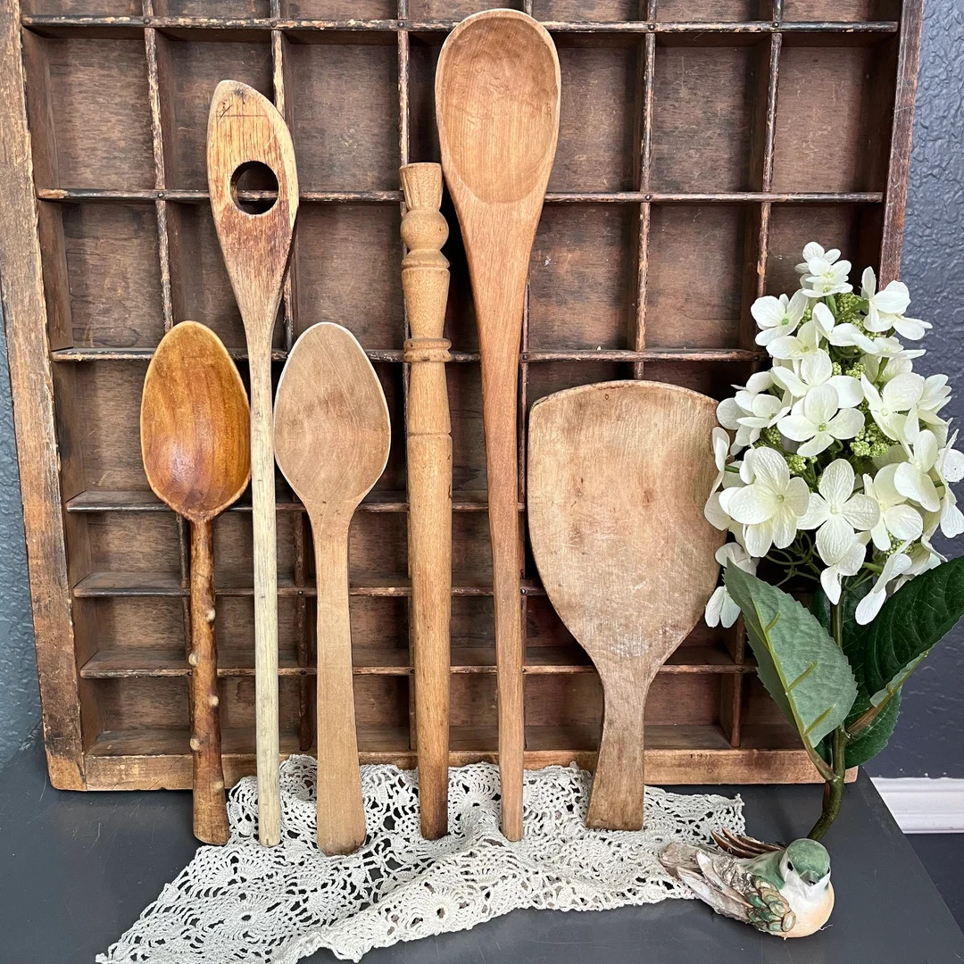 Collection of 6 Vintage Wooden Spoons Kitchen Utensils Scoop Decor Display Serving Lot Farmhouse ... | Etsy (US)