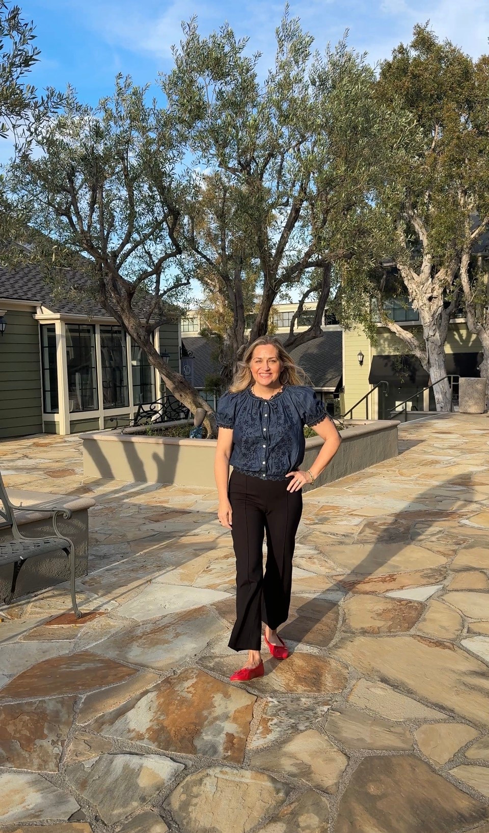 I absolutely adore these pants and they look great with this cute little denim shirt. You could always wear a cardigan, blazer or something over it if you wanted more coverage. The red shoes give it a fun pop of color.

#LTKOver40 #LTKSeasonal #LTKootd