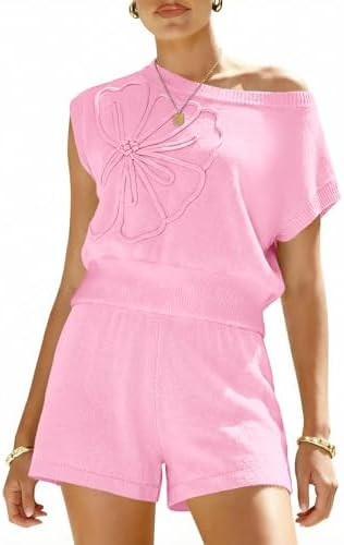 Saodimallsu Womens Off The Shoulder 2 Piece Sweater Sets Short Sleeve Floral Tops Summer Matching... | Amazon (US)