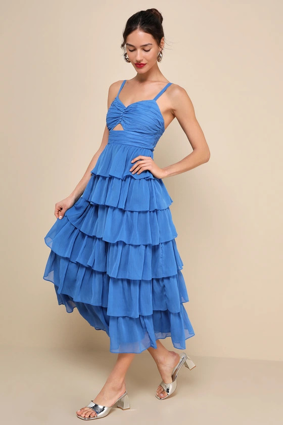 Poised Impression Blue Tiered Ruffled Cutout Midi Dress | Lulus