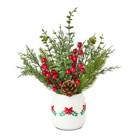13" Artificial Christmas Plant in White Ceramic Pot with Bow Print, by Holiday Time | Walmart (US)