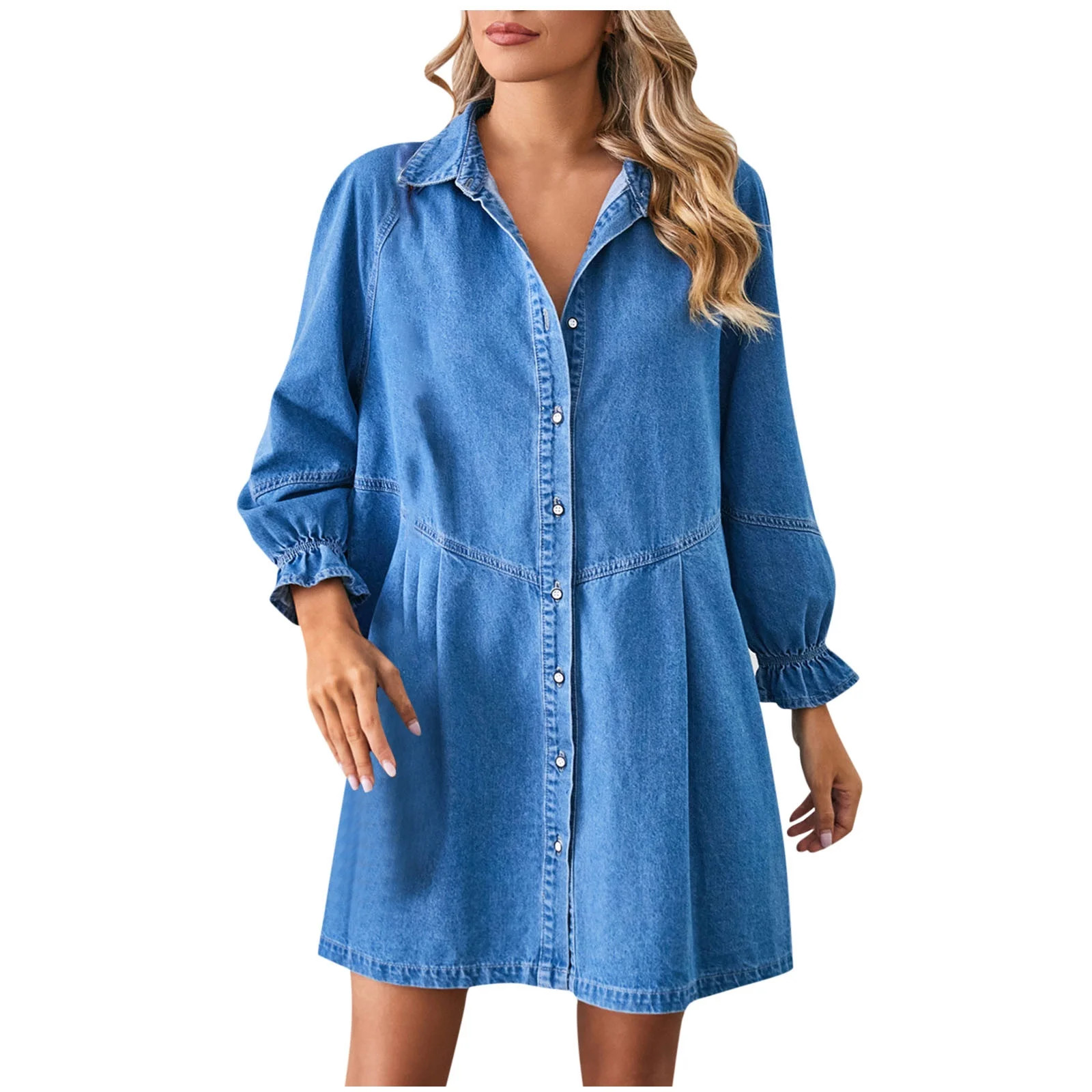 Fashion Denim Dress for Women 2025 Long Sleeve Ruffle Cuffs Button Up Jean Shirt Dress Loose Baby... | Walmart (US)