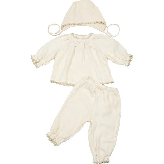 Wild Wawa | Gauze Three Piece Set, Cloud (Cream, Size 0-3M) | Maisonette | Maisonette