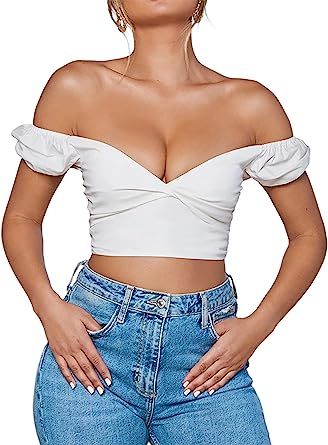 Avanova Women's Twist Front Off Shoulder Crop Top V Neck Short Sleeve Blouse | Amazon (US)