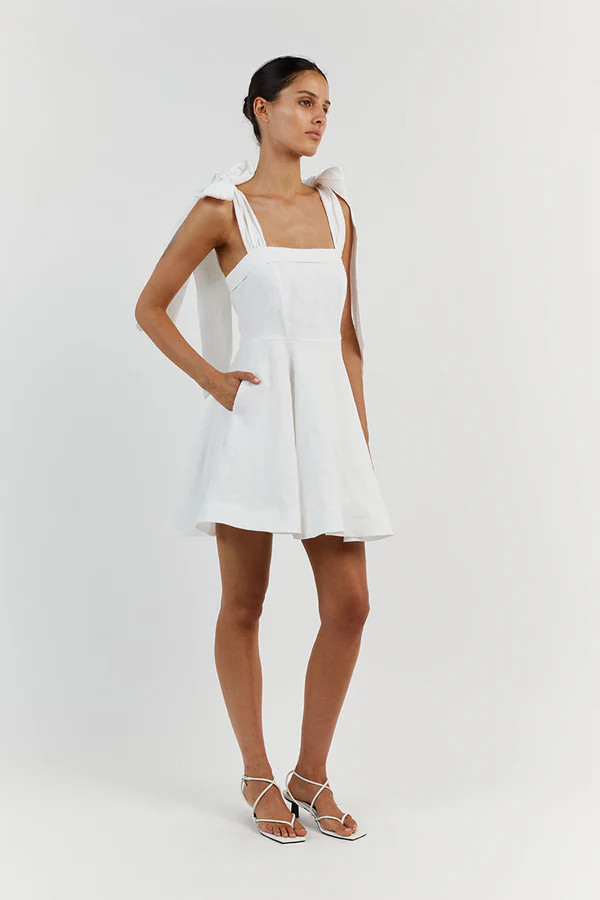 AISLE WHITE LINEN BOW MINI DRESS | DISSH