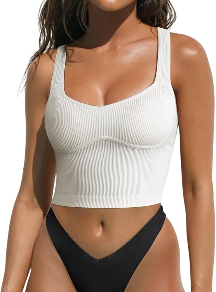SUUKSESS Women Seamless Ribbed Workout Sports Bra Padded Longline Basic Scoop Neck Crop Tops | Amazon (US)