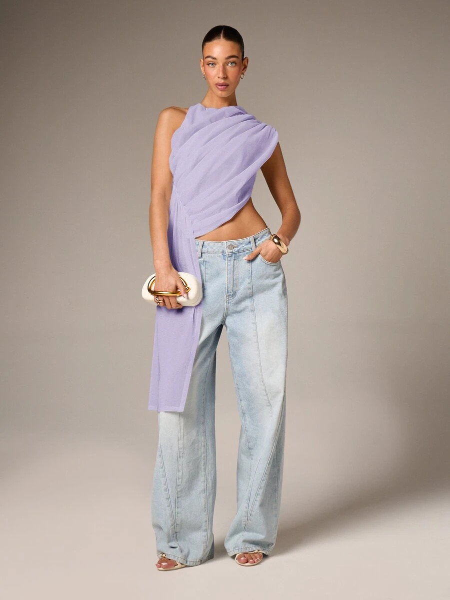 AiiRZ Asymmetric Draped Detail Sleeveless Crop Top With One-Shoulder Ruched Design And Elegant Tr... | SHEIN