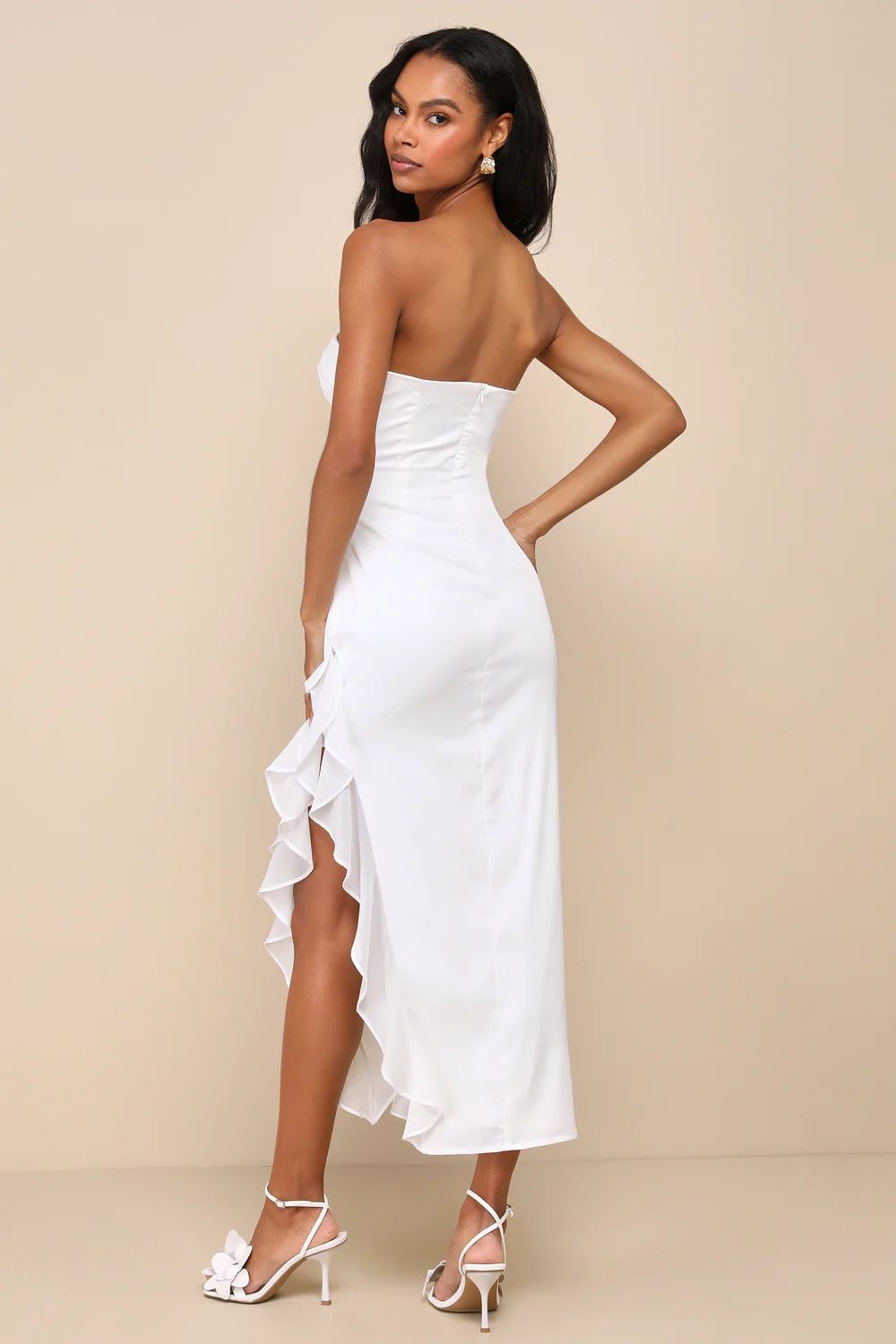 Graceful Perfection White Satin Ruffled Strapless Midi Dress | Lulus