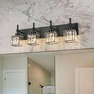 Orillia 26.4 in. 4-Light Black Crystal Bathroom Vanity Light with Shades for Bathroom Powder Room Kitchen | The Home Depot