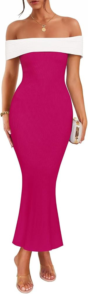 ZESICA Women's 2025 Summer Off The Shoulder Maxi Dresses Sleeveless Color Block Knit Formal Party... | Amazon (US)