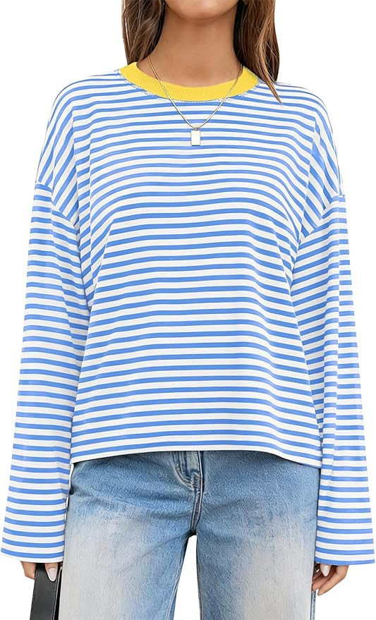 Striped Long Sleeve Shirt Women Y2k Oversized Crewneck Fall Spring Drop Shoulder Vintage Tops Tee... | Amazon (US)
