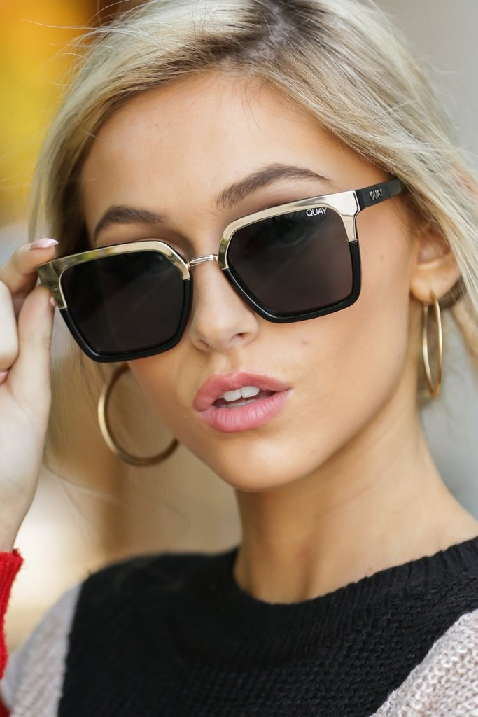 Quay x Jaclyn Hill Upgrade Gold And Black Sunglasses | Red Dress 