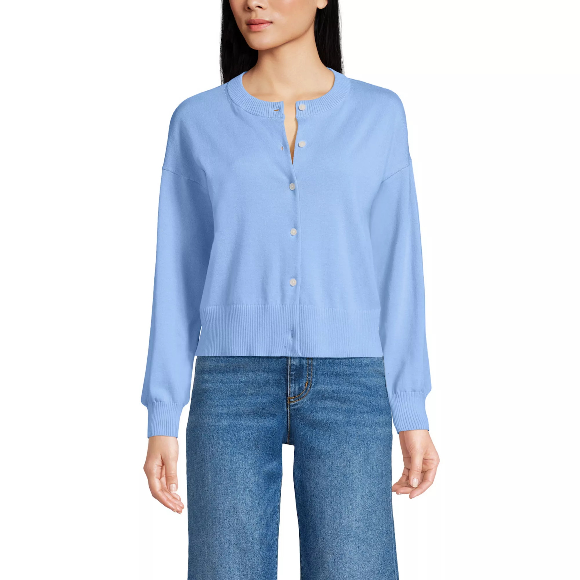 Women's Lands' End Cropped Fine Gauge Crew Neck Cardigan Sweater | Kohl's
