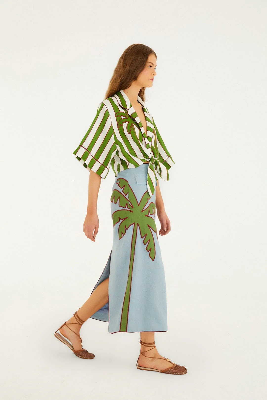 Green Spring Stripes Embroidered Euroflax Premium Linen Crop Top | FARM Rio | FarmRio (US)