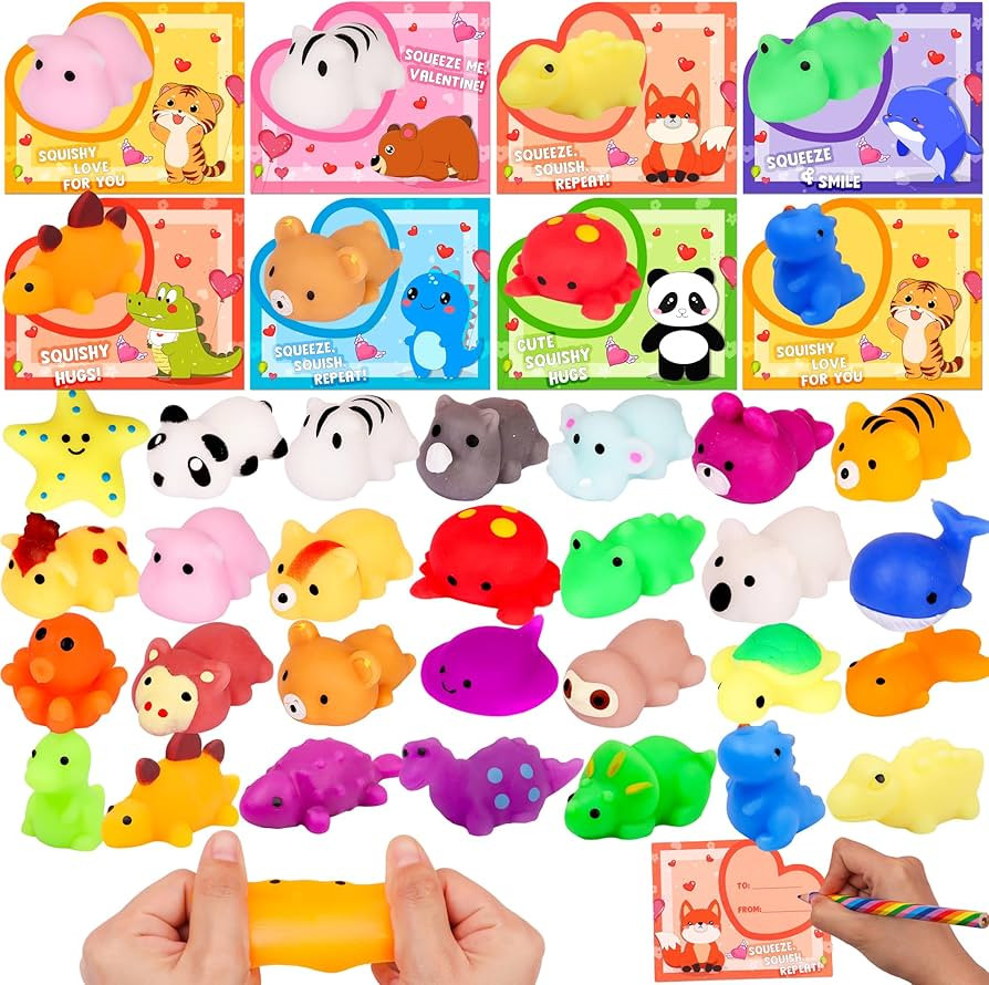 28 Pack Valentines Day Gifts for Kids Classroom Valentines Day Cards with Kawaii Mochi Squishies ... | Amazon (US)