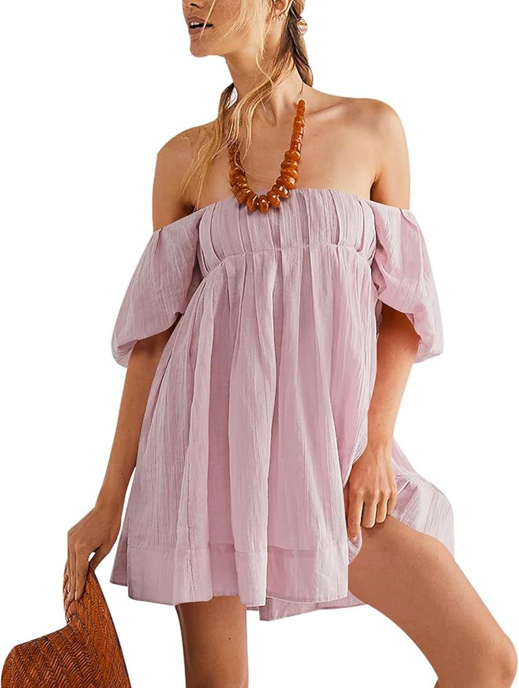 HeSaYep Women's Summer Dresses Casual Square Neck Mini Dress Short Sleeve Puffy Dress Tie Back Lo... | Amazon (US)