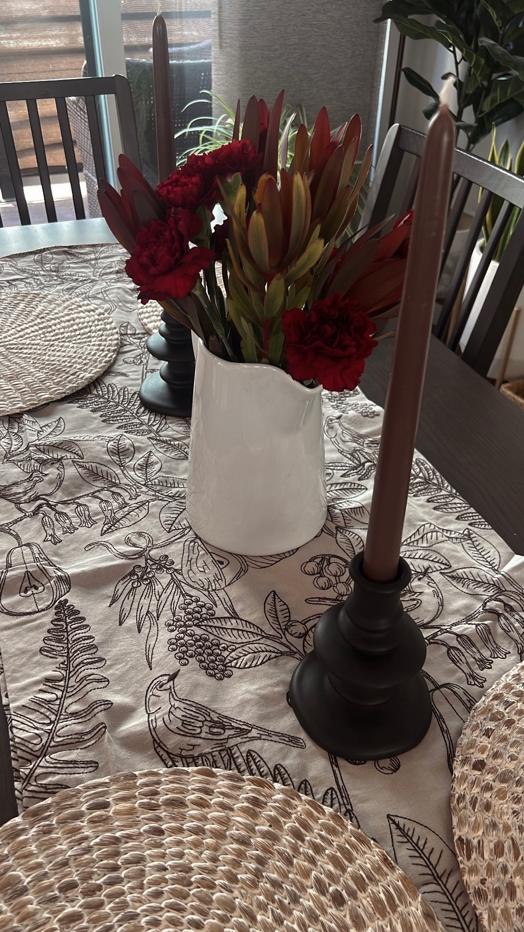 Fall decor / fall tablescape 

Embroidered table runner 
Brown candles / brown candlestick holders 

#LTKFindsUnder100 #LTKSeasonal #LTKHome