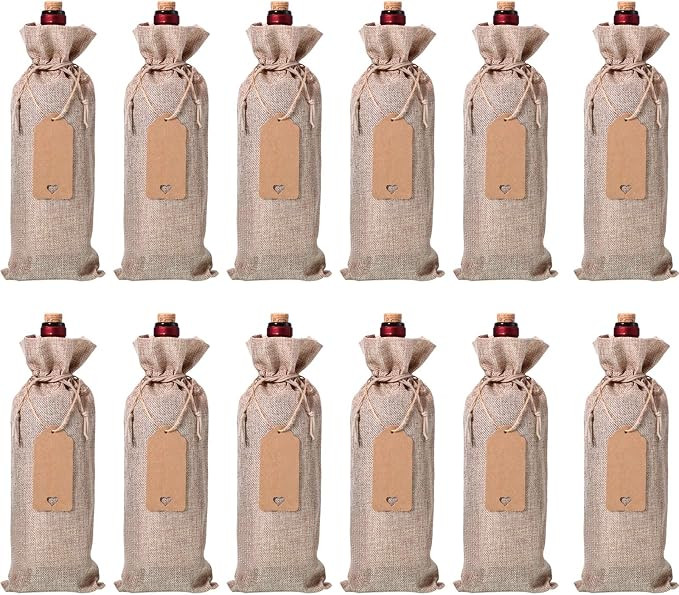 12 Pieces Burlap Wine Bags Jute Wine Bottle Bags with Drawstrings Reusable Wine Gift Bags with Ta... | Amazon (US)
