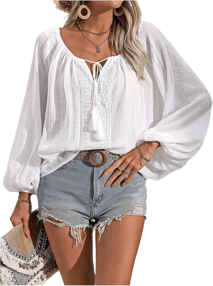 SweatyRocks Women's Tie Front V Neck Long Sleeve Tops Fringed Embroidery Shirts Lantern Sleeve Bl... | Amazon (US)