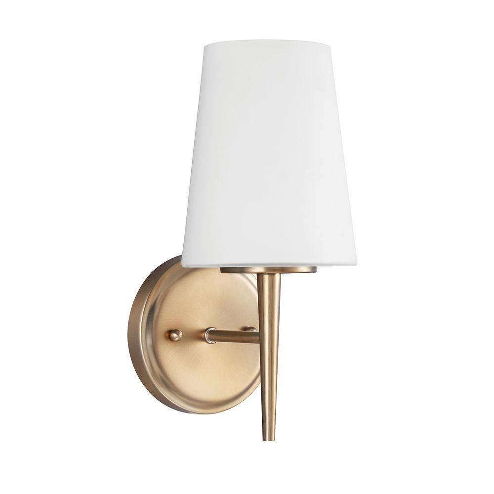 Sea Gull Lighting Driscoll 1-Light Satin Brass Wall/Bath Sconce with Inside White Painted Etched Gla | The Home Depot