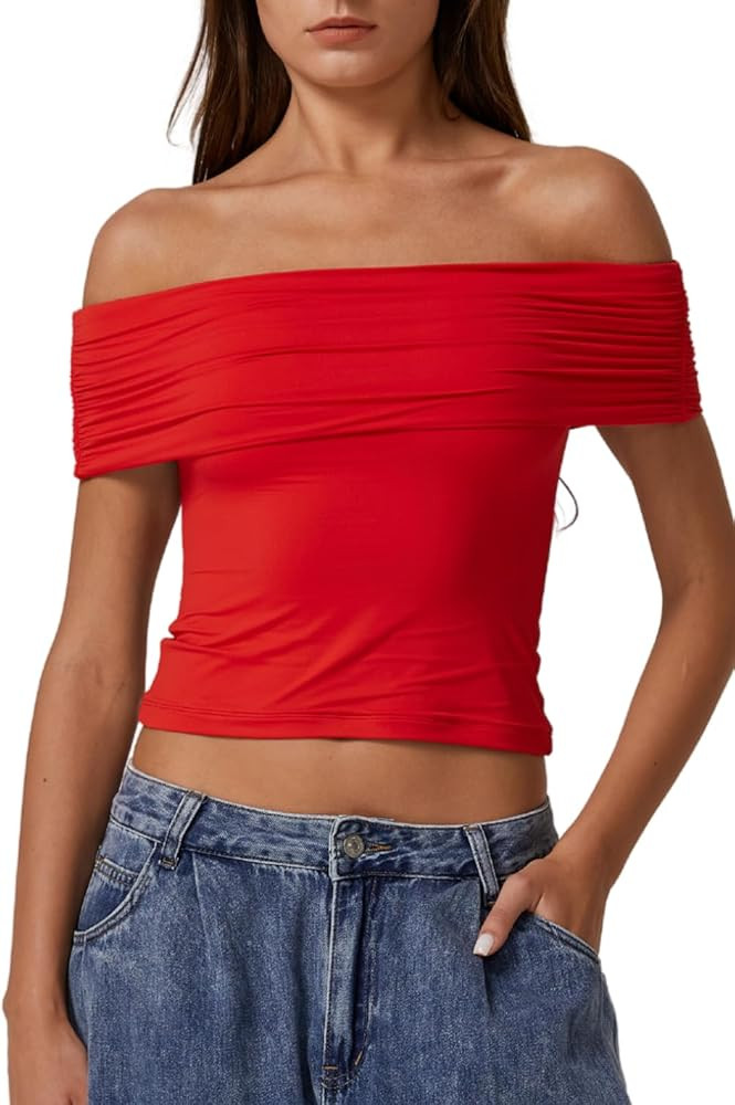 QINSEN Womens Off The Shoulder Tops Double Lined Short Sleeve T Shirts Slim Fitted Stretchy Crop ... | Amazon (US)