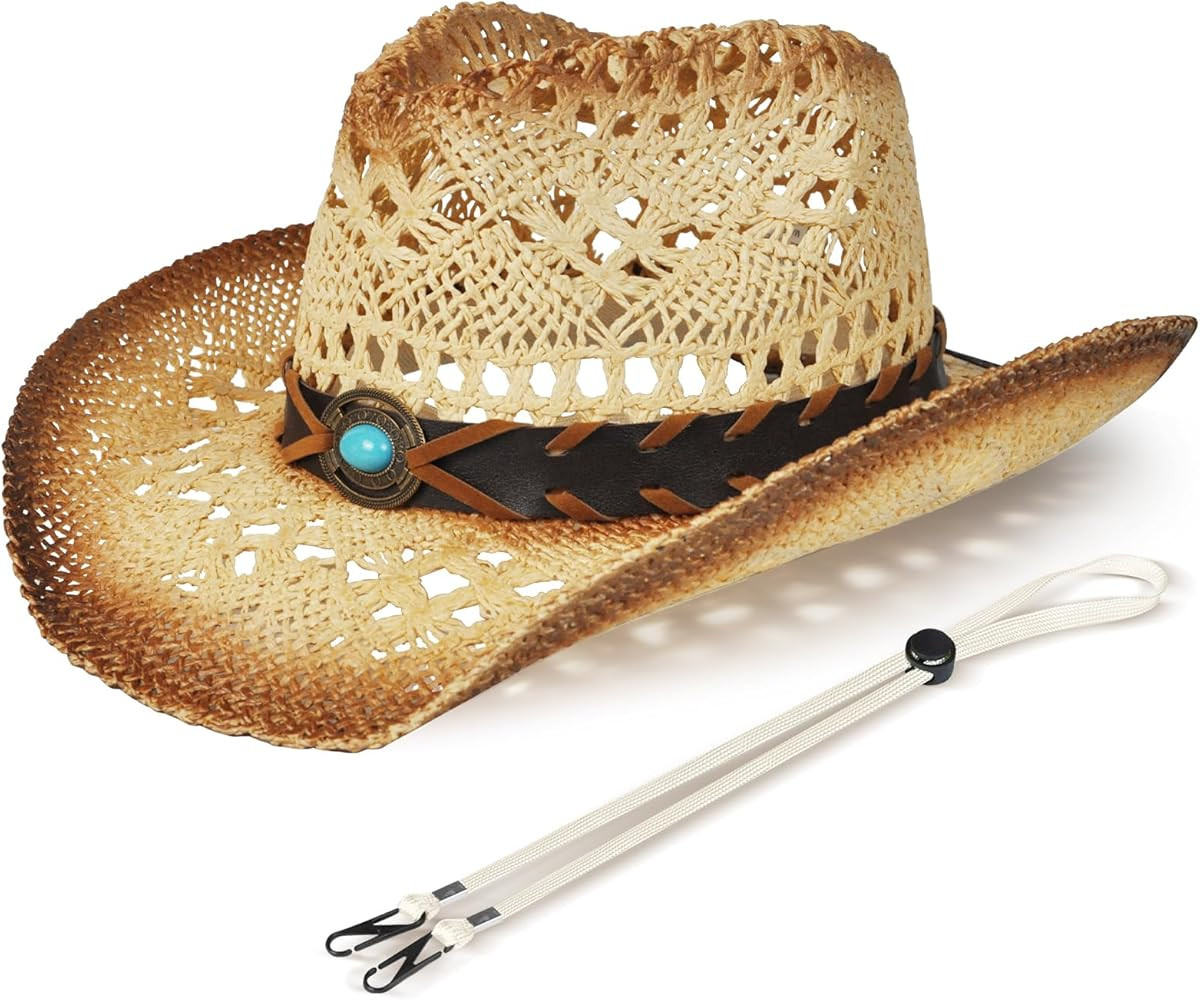 Straw Cowboy Hat - Wide Brim Western Hat, Decorative Bands, Size 22.04-22.83, Durable Unisex Desi... | Amazon (US)