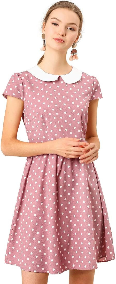 Allegra K Women's Peter Pan Collar Short Sleeves Contrast A-Line Polka Dots Dress | Amazon (US)