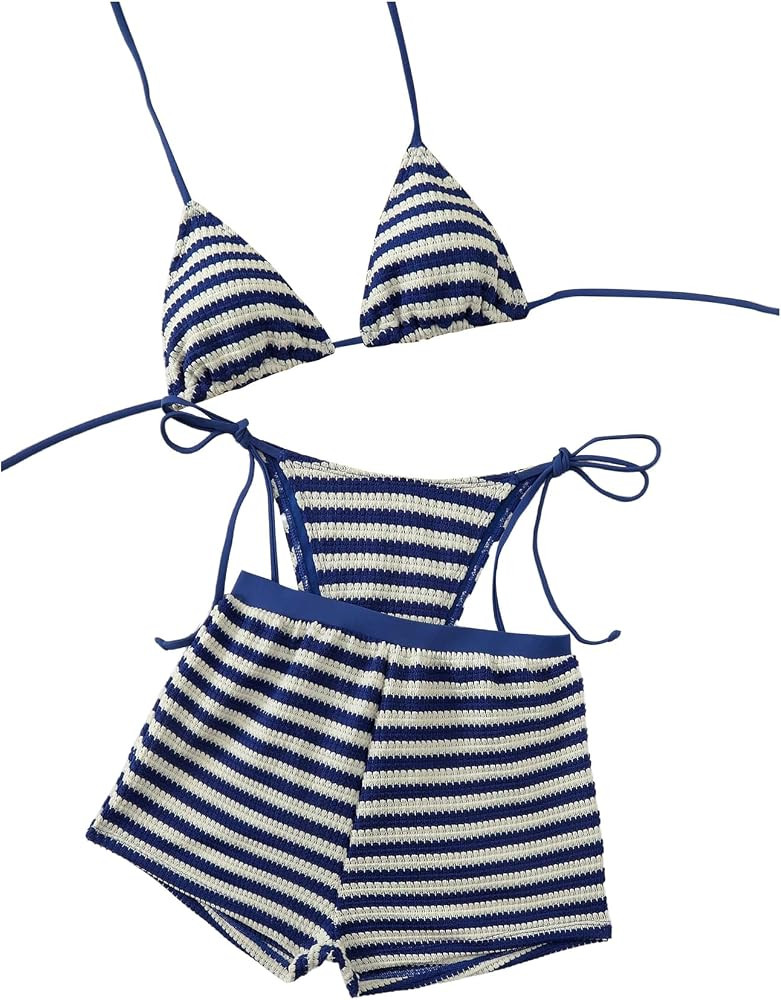Verdusa Women's 3 Piece Striped Halter String Bikini Sets Triangle Swimsuit with Cover Up Shorts | Amazon (US)