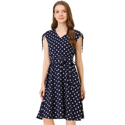 INSPIRE CHIC Women's V-Neck Sleeveless Polka Dots Dress Dark Blue Small | Target