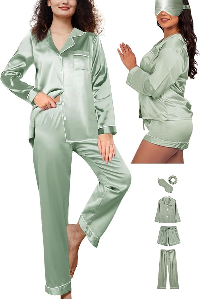 5Pcs XS-XXL Womens Silk Satin Pajamas Sets Long Pj Sets Button Down Pjs Set Loungewear Sleepwear | Amazon (US)