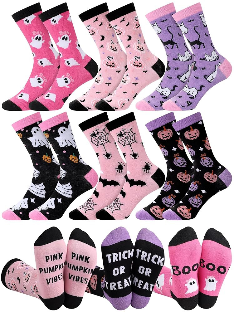 6 Pairs Pink Halloween Socks for Women Girls Novelty Pumpkin Ghost Pattern Cotton Crew Sock Gifts... | Amazon (US)
