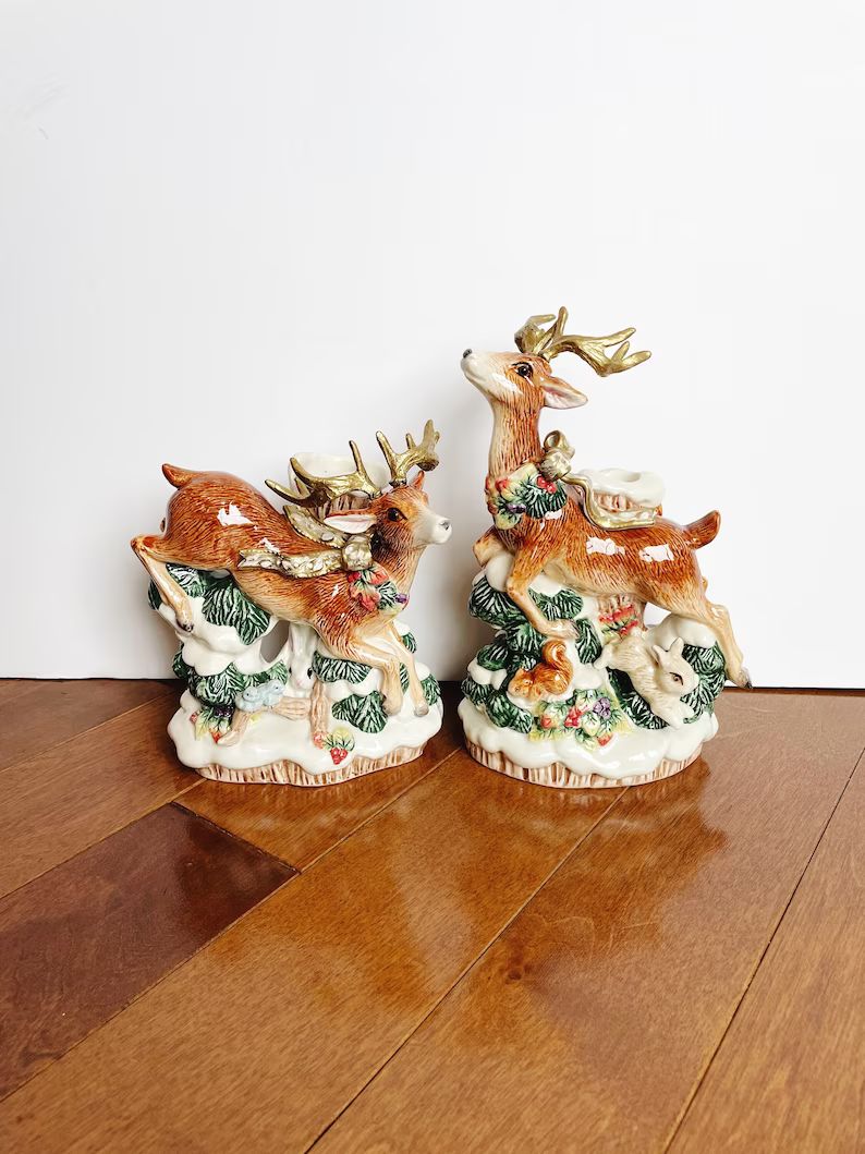 Rare Vintage Fitz & Floyd Classics Deer Figurine Candle Holders | Rustic Christmas Woodland Anima... | Etsy (US)