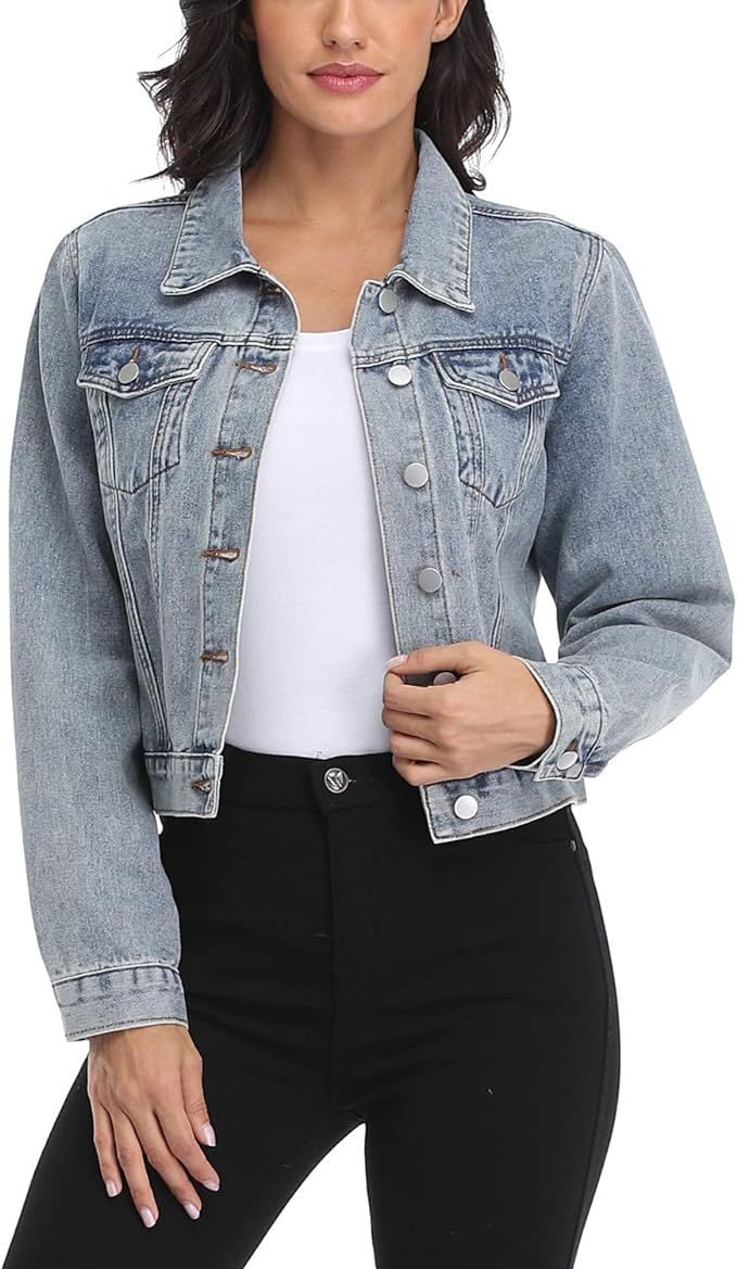 andy & natalie Women's Denim Jackets Cropped Jean Jacket Long Sleeve Basic Button Down Crop Jean ... | Amazon (US)