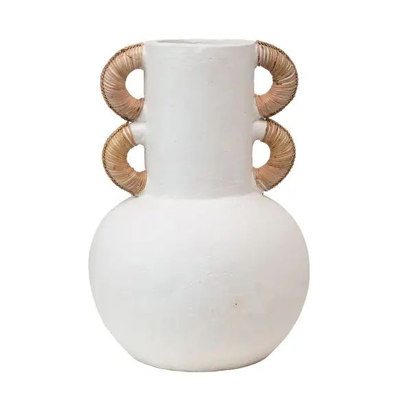 Terra-cotta Vase with Rattan Wrapped Handles, Cream Color, Truck Ship - Overstock - 34856326 | Bed Bath & Beyond