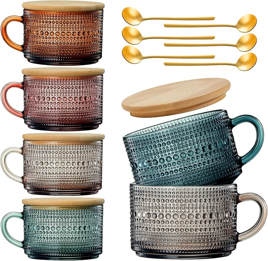 Khen Fall Colors Glass Coffee Mugs Set With Handles, Spoons & Lid | Set of 6 | 15oz Hobnail Embos... | Amazon (US)