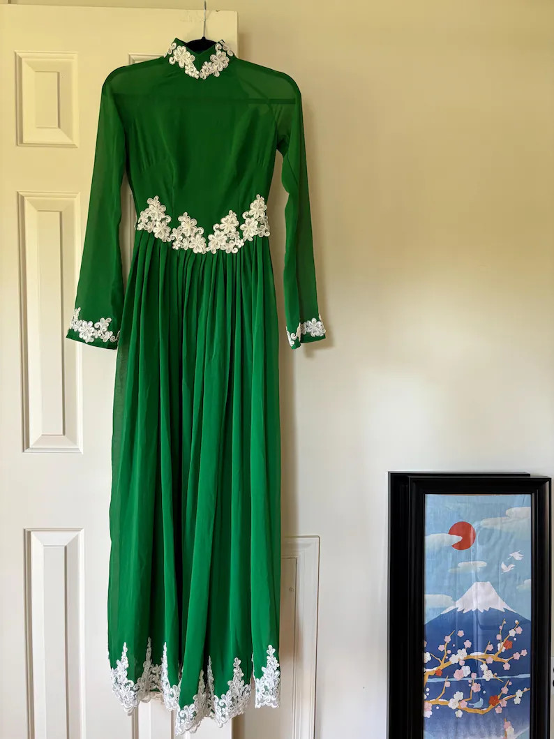 Vintage Green Maxi Dress Lace Detail 1960s 1970s Long Sleeve Hostess Side Slits Open Sides | Etsy (US)