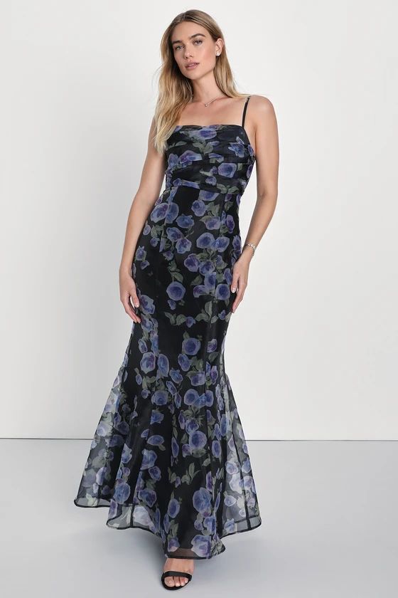 Famous Charm Black Floral Organza Pleated Mermaid Maxi Dress | Lulus (US)