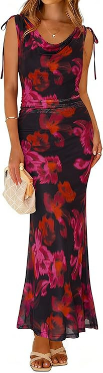 Simplee Womens Summer Wedding Guest Dress Floral Mesh Bodycon Maxi Dress Sexy Sleeveless Ruched P... | Amazon (US)