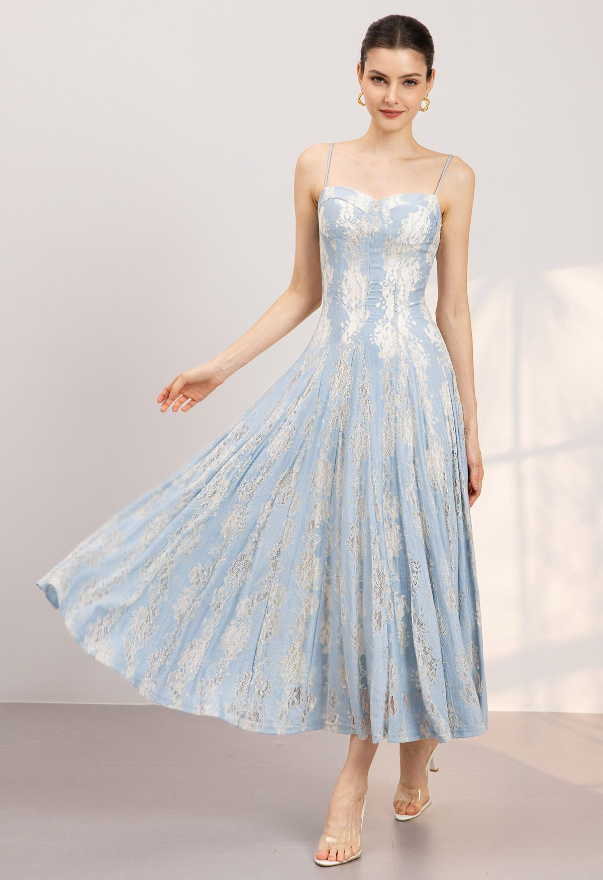 Ladylike Lace Overlay Spaghetti Strap Maxi Dress in Blue for Romantic Date & Floral Market | Chicwish