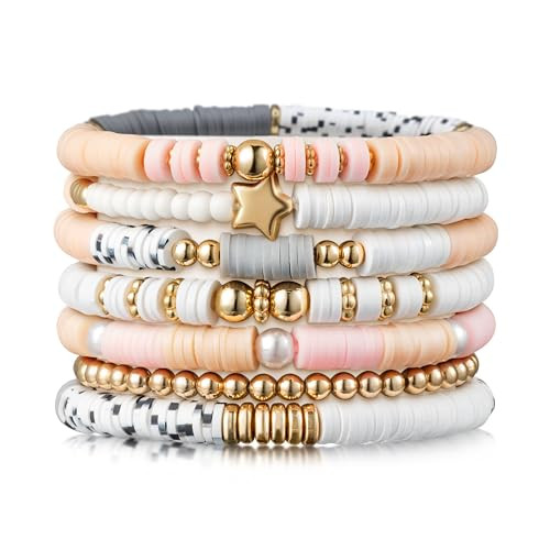 Y1tvei 7Pcs Heishi Surfer Bracelets Set Colorful Preppy Happy Smile Evil Eye Beaded Stretch Clay ... | Amazon (US)