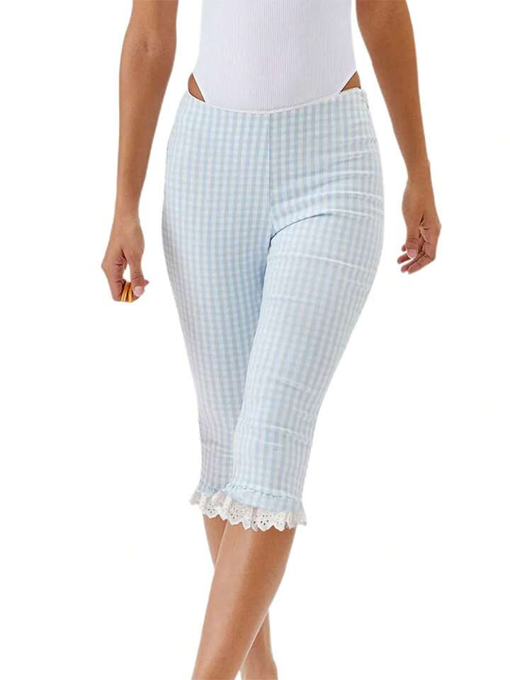 Women capri pants plaid lace ruffle  | SHEIN