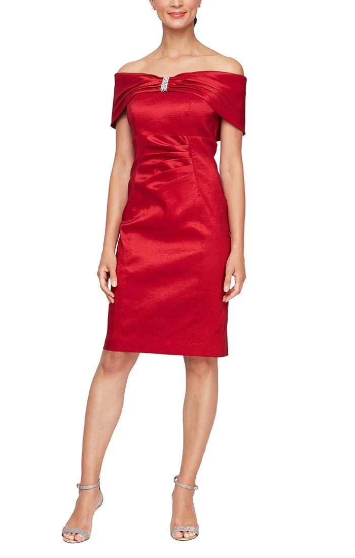 Short Off-the-Shoulder Sheath Stretch Taffeta Cocktail Dress with Embellished Neckline | Alex Evenings