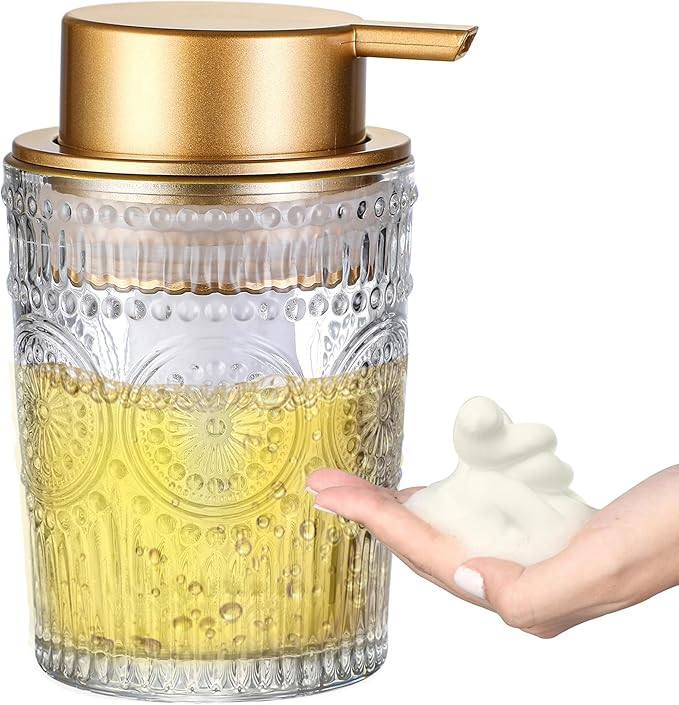 8 Oz Glass Foam Soap Dispenser, Clear Hand Liquid Bottles with Gold Plastic Pump, Refillable Roun... | Amazon (US)