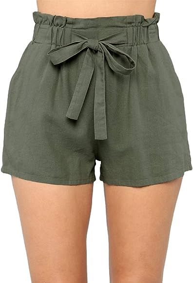 Women's Casual Loose Paper Bag Waist Shorts with Bow Tie Belt Pockets | Amazon (US)