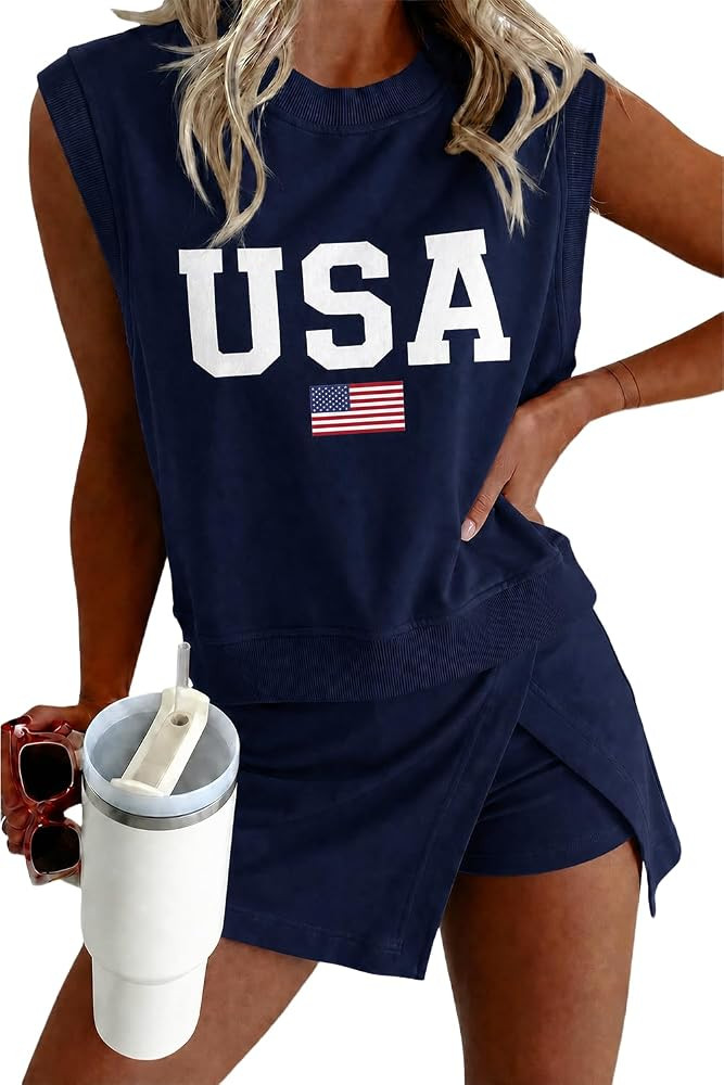 Opemiby Summer Sets Women 2 Piece Outfits Sleeveless Tank and Elastic Waist Skort Travel Vacation... | Amazon (US)