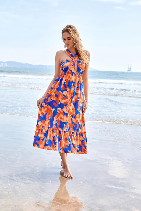 GRACE KARIN Womens Summer Floral Dresses 2026 Boho Maxi Dress Flowy Halter Sundress Casual Vacati... | Amazon (US)