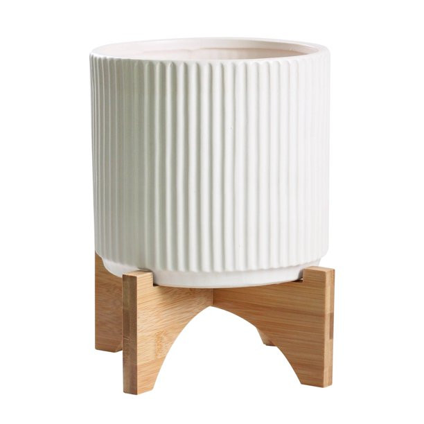 Ibiza Vertical Line 8" Plant Pot with Wood Stand - Large Indoor Planter with Stand - Matt White | Walmart (US)