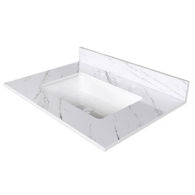 31 Inch White Marble Effect Bathroom Vanity Top with Undermount Rectangular Sink, Pre-drilled Faucet Holes and 4" Height Backsplash - Bianco Carrara V | Wayfair North America