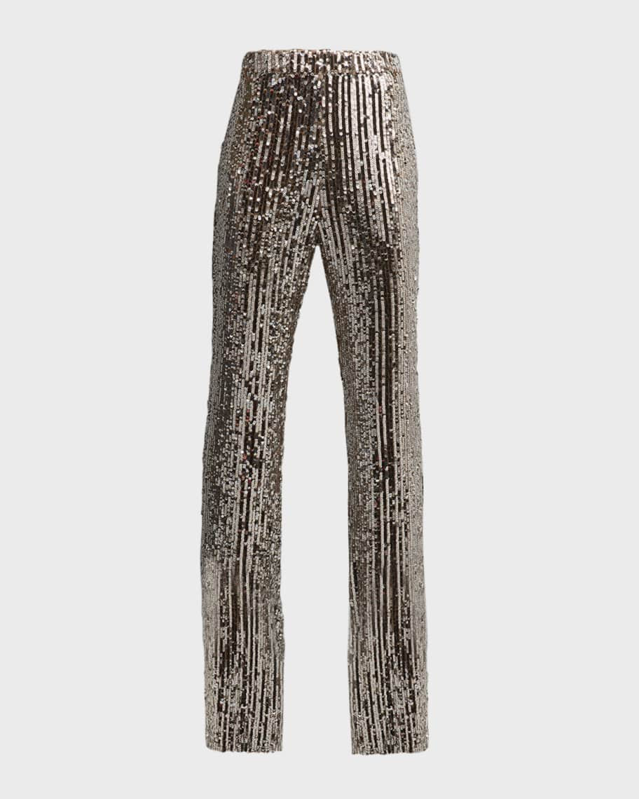Badgley Mischka Collection High-Rise Pinstripe Sequin Pants | Neiman Marcus