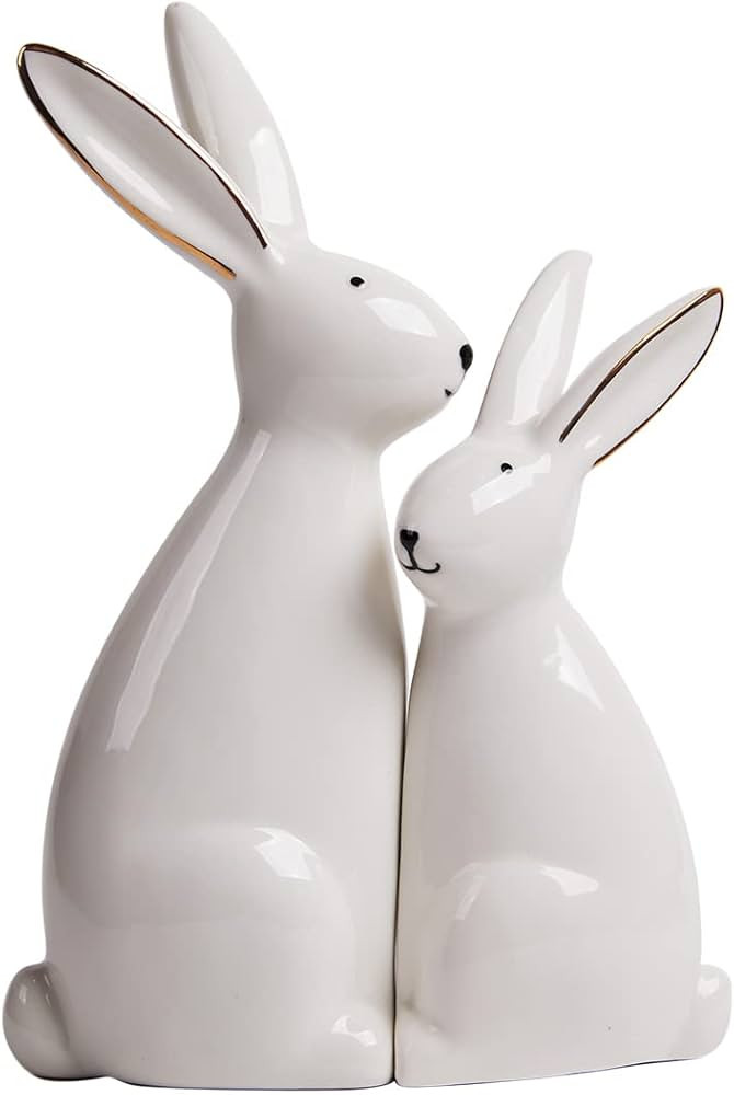HAUCOZE 2pcs Sculpture Rabbit Statue Decor Geometric Bunny Ceramic Home Arts 7.6 inch | Amazon (US)
